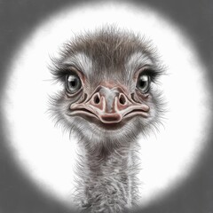 Close-up portrait of a curious ostrich with detailed feathers and expressive eyes, set against a soft, gray background.