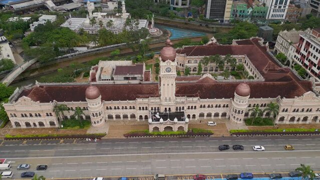 Sultan Abdul Samad at Merdeka Square in Kuala Lumpur. Unbelievable aerial top view flight 
drone top down Above view
4k