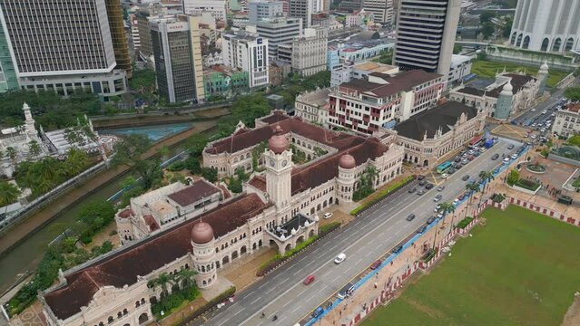 cars on street Sultan Abdul Samad at Merdeka Square in Kuala Lumpur. Beautiful aerial top view flight 
drone shot footage from above
4k