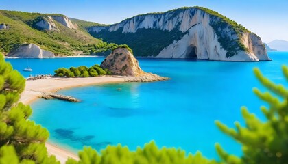 Fototapeta na wymiar Bright-spring-view-of-the-Cameo-Island--Picturesque-morning-scene-on-the-Port-Sostis--Zakinthos-island--Greece--Europe--Beauty-of-nature-concept-background