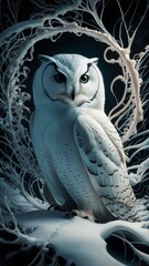 A Snowy Owl perches with an intense stare in a magical frozen landscape, framed by intricate ice-covered branches, creating a captivating winter scene.