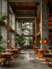 Modern Restaurant Interior with Natural Light and Tropical Plants