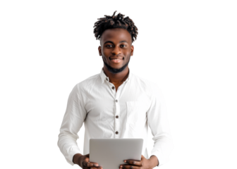 Smiling Man with Device on Transparent