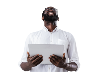 Smiling Man with Tablet on Transparent Background