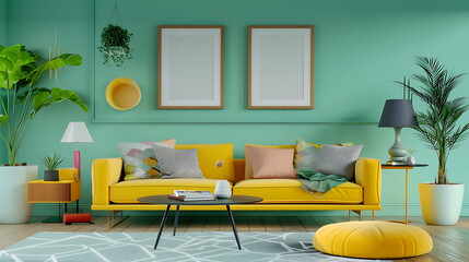 Minimalist design apartment, wall with 2 or 3 photo frames, modern living room, colorful furniture,...