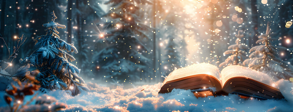 Christmas fairy-tale background with magical open book, snowy forest and winter holiday atmosphere.