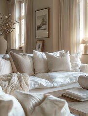Cozy Living Room Interior with Neutral Tones and Textured Pillows