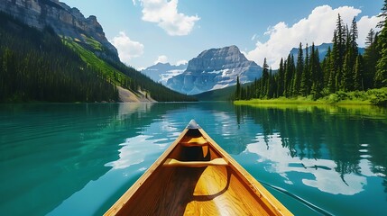 Obraz premium canoe on lake. Excitement of canoeing on a tranquil lake, International Tour Day, Tourism,