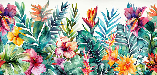 A broad canvas depicting a watercolor pattern of vibrant, tropical flowers and foliage, with rich colors standing out against a white background. 32k, full ultra hd, high resolution