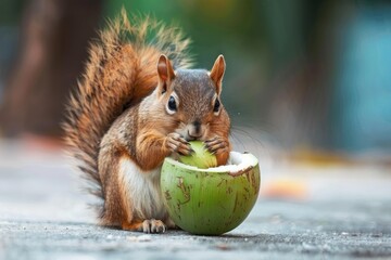 Squirrel eating coconut on the ground, looking at the camera.