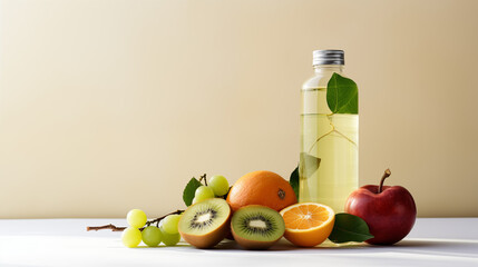 fruits and water bottles on a light isolated background