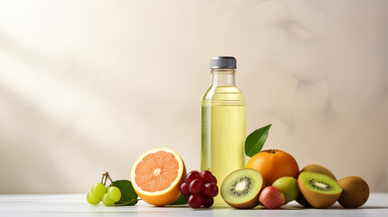 fruits and water bottles on a light isolated background