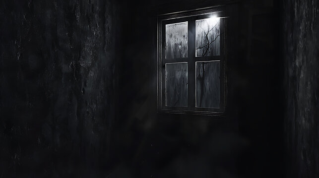 Abstract horror background for halloween. Gloomy scary window with ghostly light and shadow in dark black room in attic, corridor or basement in an abandoned house in the forest