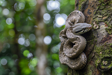 Snake coiled on tree trunk
