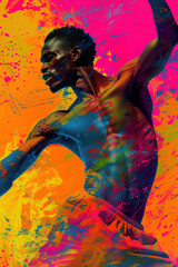 Back male dancer. Creative painting effects, colorful fractal background, decorative poster