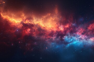 Naklejka premium Spectacular View of a Colorful Nebula with Brilliant Shades of Purple and Fiery Orange in Deep Space 