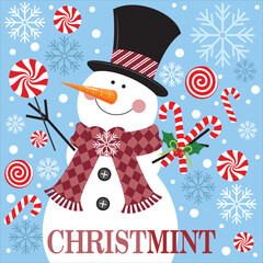 Christmas card design with cute snowman and candy cane