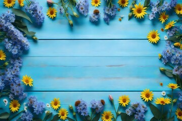 Garden flowers over a light cool blue wooden table background