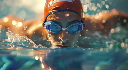 Olympic swimmer in action (mov) made with Ai generative technology, person is fictional