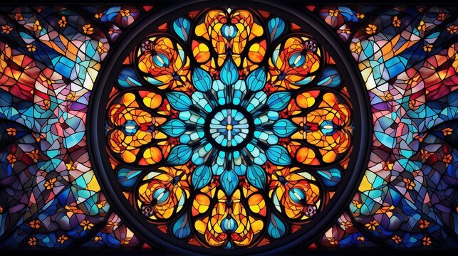 Intricate Circular Stained Glass Window Design in Vivid Colors