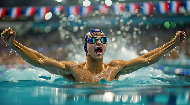 Olympic swimming athlete celebrating (mov) made with Ai generative technology, person is fictional
