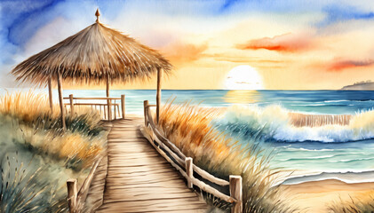 Tropical Beach Hut at Sunset Watercolor Illustration