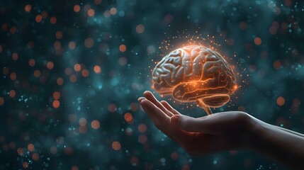 A single hand holds a captivating, glowing human brain that hovers in mid-air, symbolizing intelligence, mental health, and advanced neurological research.