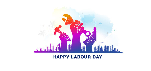 Happy Labor day banner design. Labour worker holding instrument and building city skyline background. International Labor day. - obrazy, fototapety, plakaty