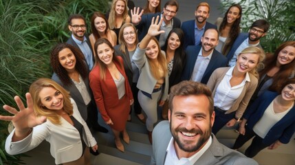 High angle view of group smiling coworker team standing in office looking up waving hand saying hello inviting new members to business leader forum event.