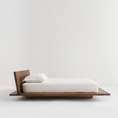 A simple wooden bed with a white mattress and pillows against a plain background, symbolizing minimalism and tranquility.