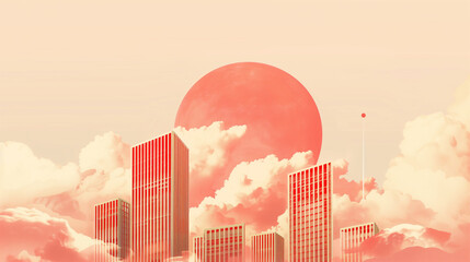 Abstract Red Sun Rising Above Barcode Clouds in Minimalist Concept - obrazy, fototapety, plakaty