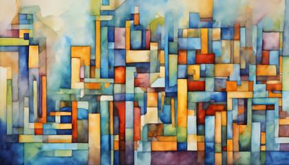 Watercolor Abstract Cityscape with Blue and Orange Tones