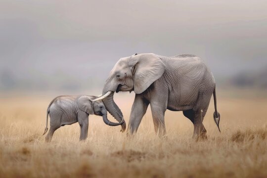 mother elephant and adorable baby in savannah 
