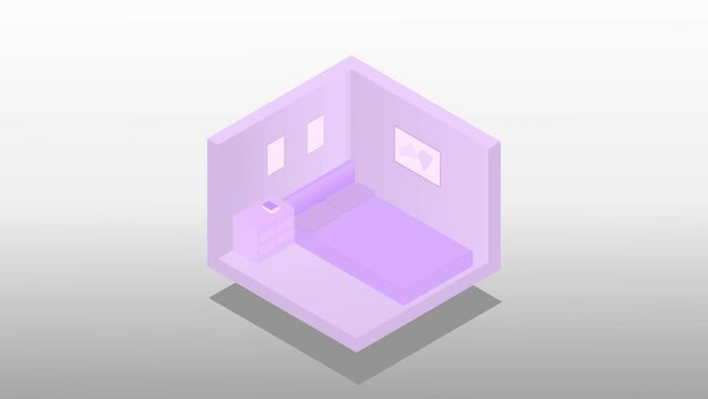 3d animation of isometric vector modern bedroom model. 