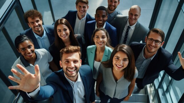 High angle view of group smiling coworker team standing in office looking up waving hand saying hello inviting new members to business leader forum event.
