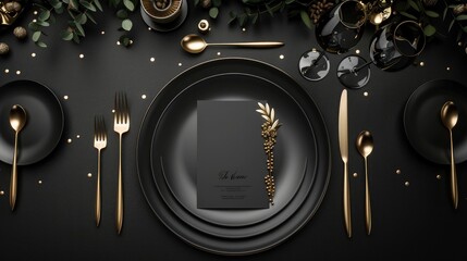 Fine dining table setting of luxury restaurant menu invitation card mockup for weddings in black concept and romantic eating event decoration.
