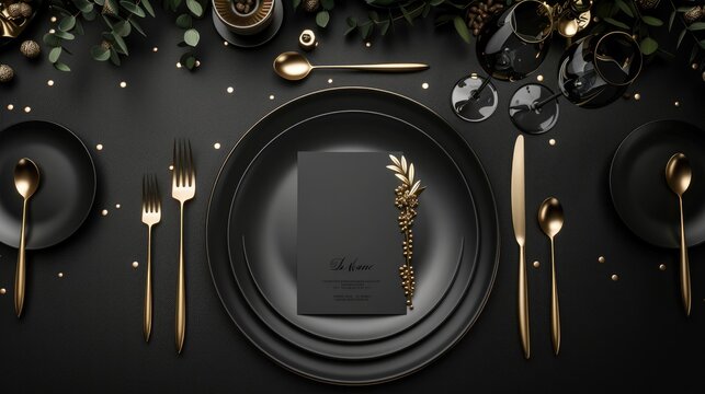 Fine dining table setting of luxury restaurant menu invitation card mockup for weddings in black concept and romantic eating event decoration.