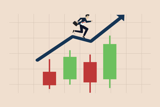 Growth of stock market or cryptocurrency data movement, buy and sell indicator chart concept, businessman trader running on candlestick chart.