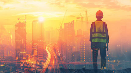 Construction Worker Overlooking Sunrise on Developing Cityscape