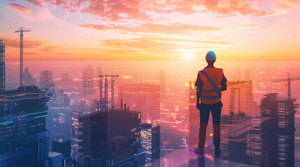 Construction Worker Overlooking Sunrise on Developing Cityscape - obrazy, fototapety, plakaty