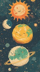 A satirical board game night with the sun, moon, and Earth playing Cool the World - obrazy, fototapety, plakaty
