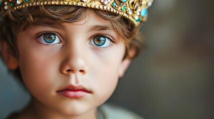 王冠を被った幼い表情の男の子の顔のクローズアップ - obrazy, fototapety, plakaty