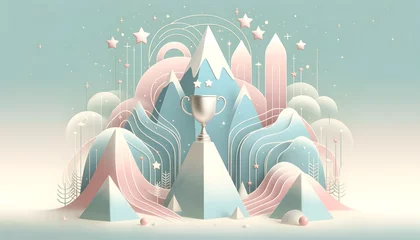 Cercles muraux Montagnes Concept of 'success'. A mountain peak, a trophy, and stars, all rendered in soft pastel colors to symbolize achievement and triumph.