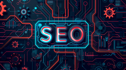SEO Concept on Digital Circuit Board with Glowing Neon Lights