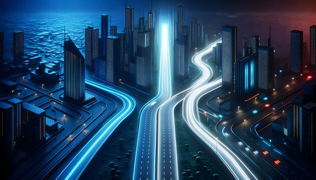 Concept of making a choice, A futuristic cityscape at night with two illuminated roads diverging.