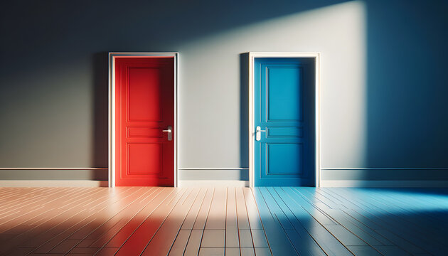 Concept of making a choice, Two doors each painted in a contrasting color. One door is bright red and the other is deep blue, symbolizing different paths or choices.