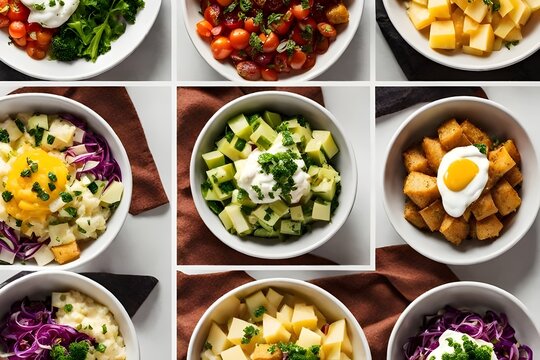 Vibrant Bowl Ensemble Geometric Arrangement Showcasing Potato Salad Variety