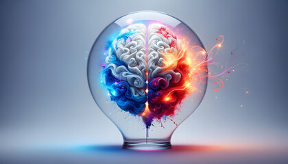 Concept of sparking new ideas. The brain emits brilliant sparks of light, representing moments of inspiration and creativity all encased in a large transparent light bulb. - obrazy, fototapety, plakaty