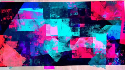 abstract painting with glowing geometric shapes in shades of blue, purple, and red