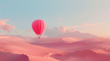 Fototapeta premium Serene Hot Air Balloon Flight Over Pink Desert Dunes at Sunset
